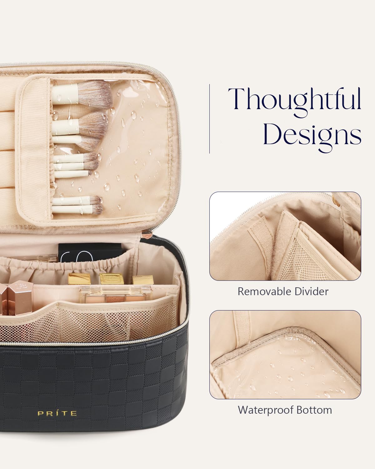Prite Makeup Bag side view highlighting vegan leather material