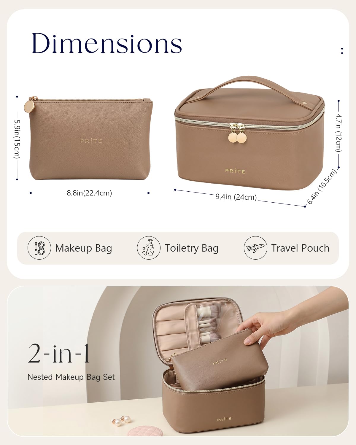Prite Makeup Bag side view showcasing adjustable compartments