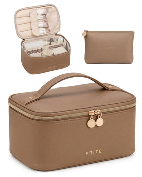 Prite Makeup Bag Travel Cosmetic Case brown set front view