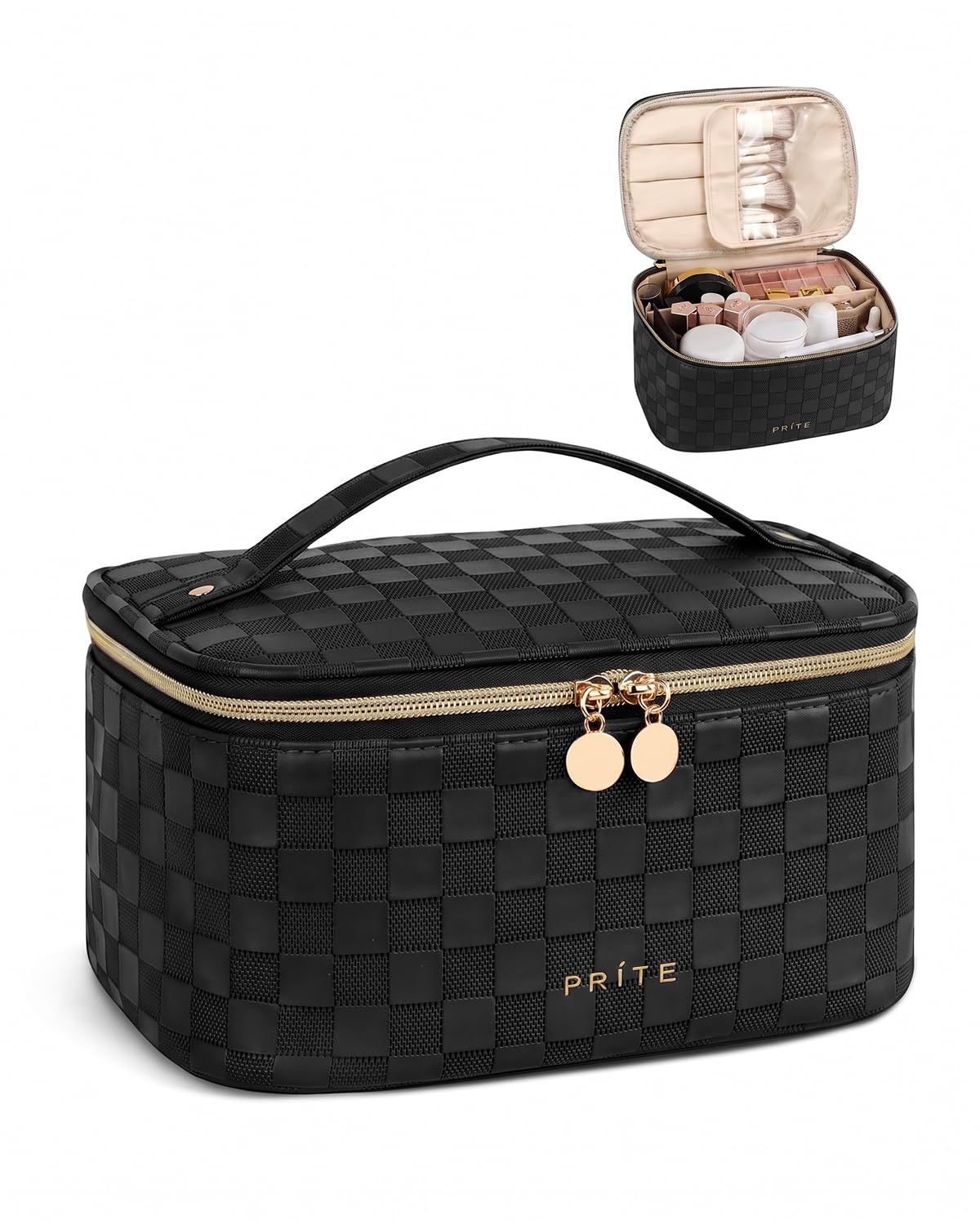Prite Makeup Bag Travel Cosmetic Case front view in checkered black