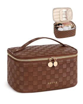Prite Makeup Bag Travel Cosmetic Case front view in checkered brown