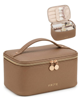 Prite Makeup Bag Travel Cosmetic Case in brown, front view