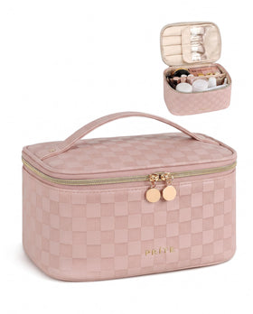 Prite Makeup Bag travel cosmetic case in checkered pink front view