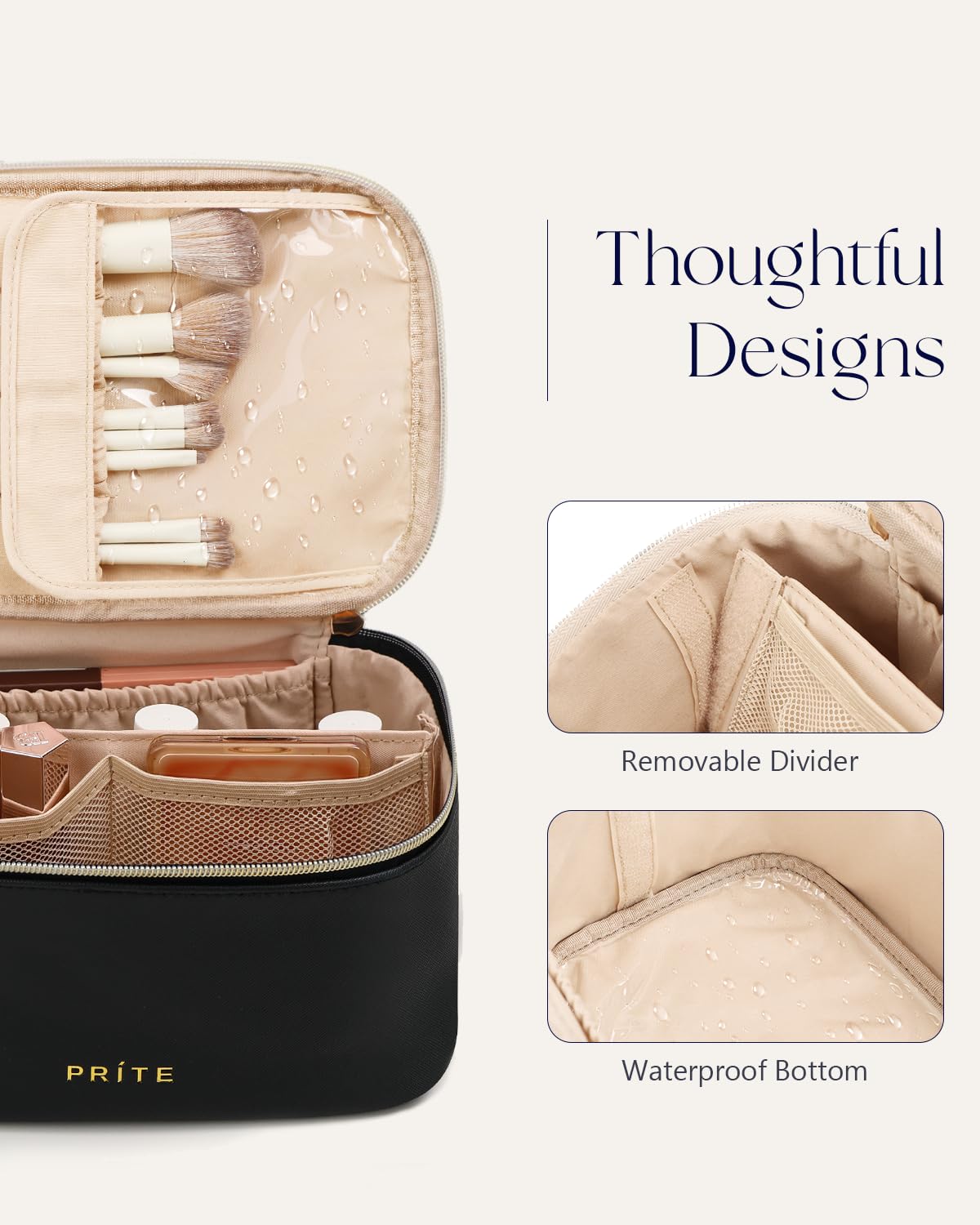Prite Makeup Bag with adjustable dividers and mesh pockets