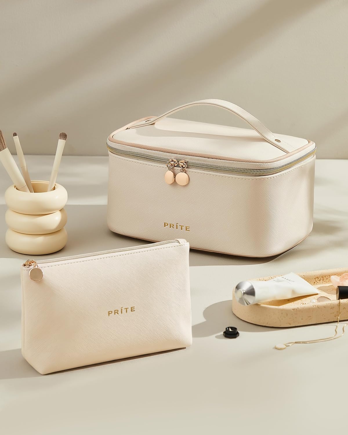 Prite Makeup Bag with brushes and lipsticks organized