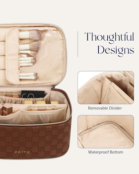 Prite Makeup Bag with brushes and lipsticks organized inside