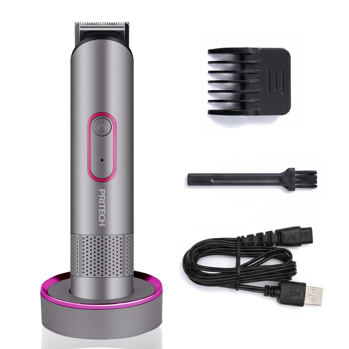 PRITECH Body Hair Trimmer front view with charging base