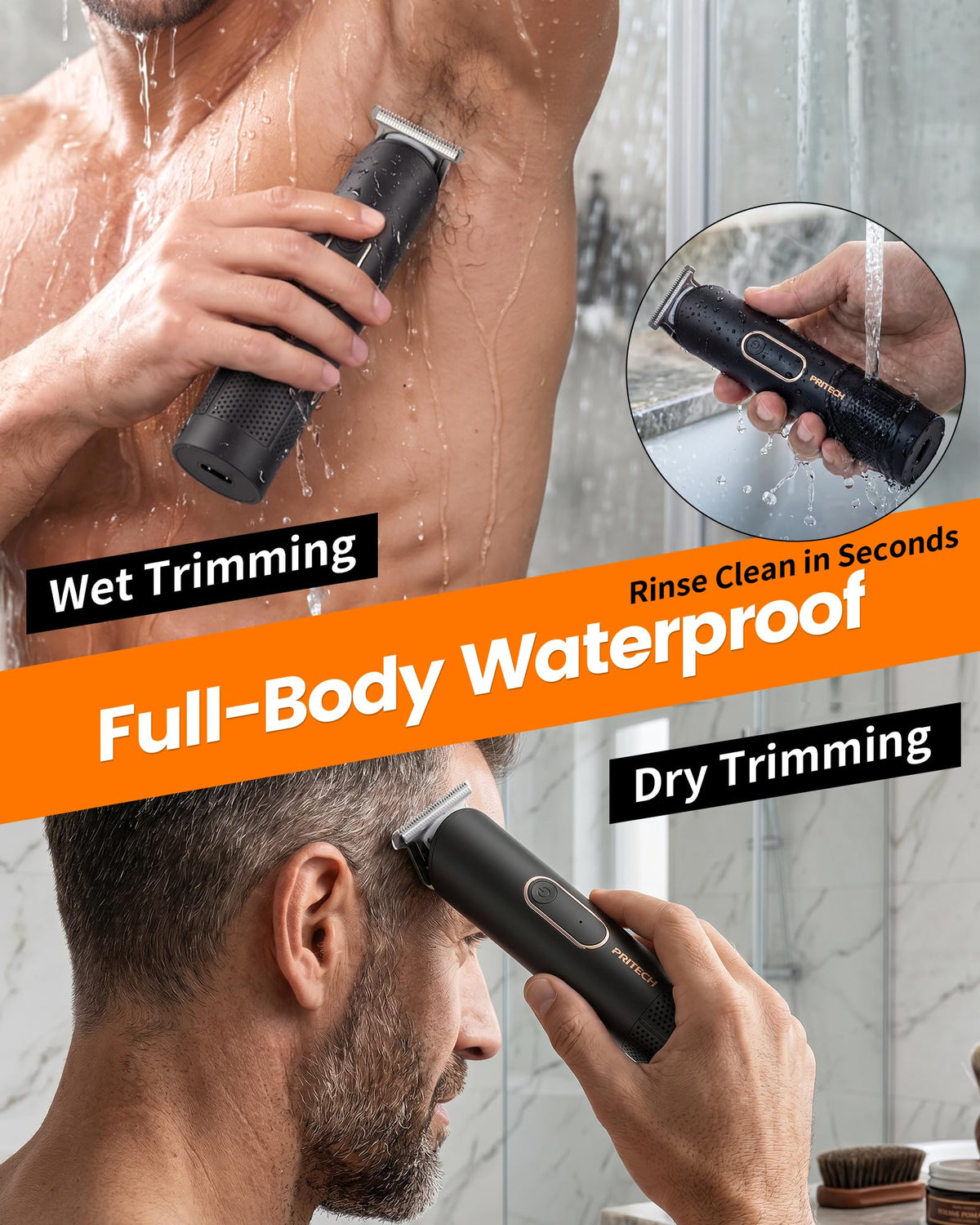 PRITECH Body Hair Trimmer on charging base