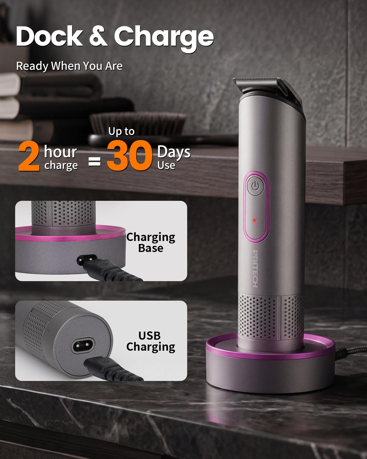 PRITECH Body Hair Trimmer showing USB charging port