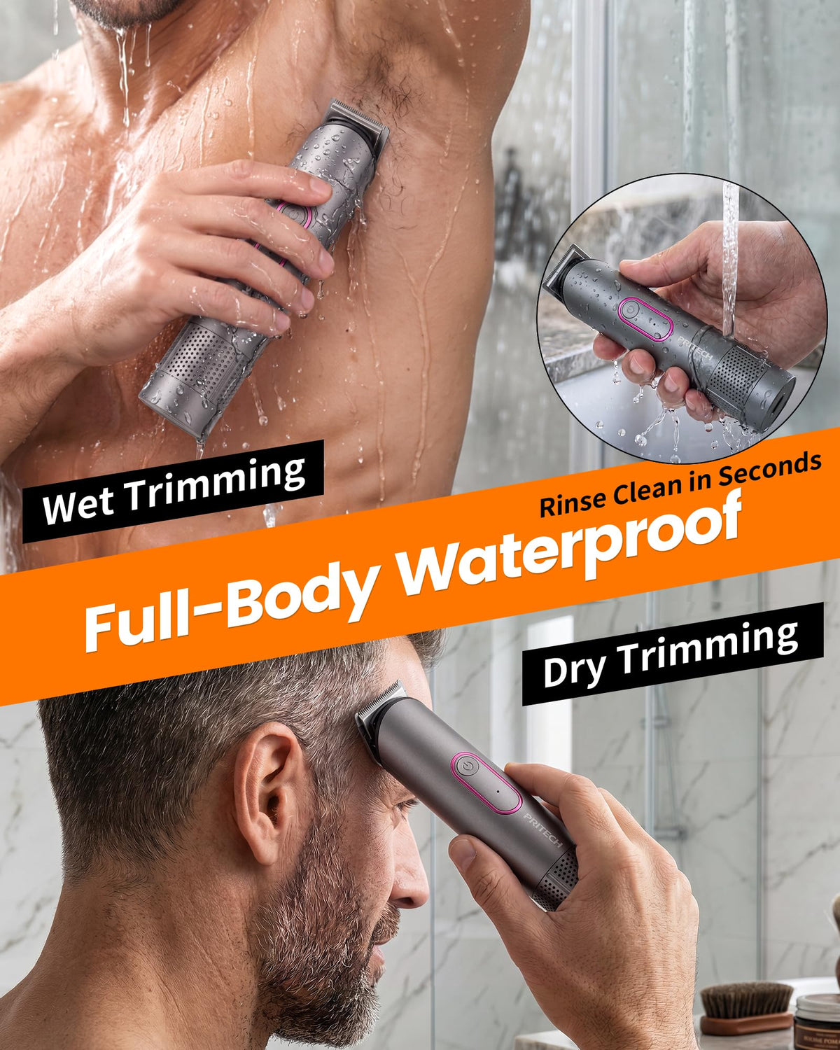 PRITECH Body Hair Trimmer with water running over the blade