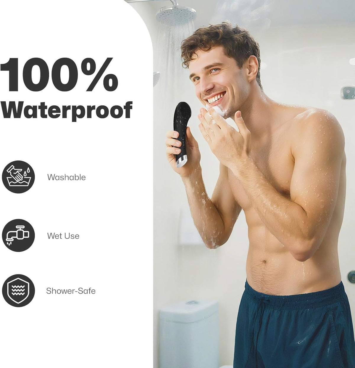 PRITECH Facial Cleansing Brush showing adjustable vibration settings