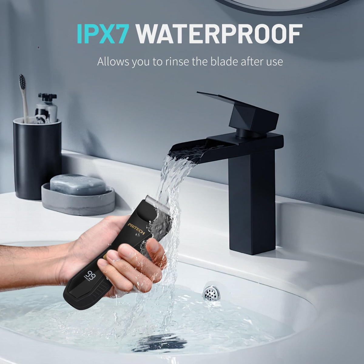 PRITECH Manscape Body Hair Trimmer with water running over it