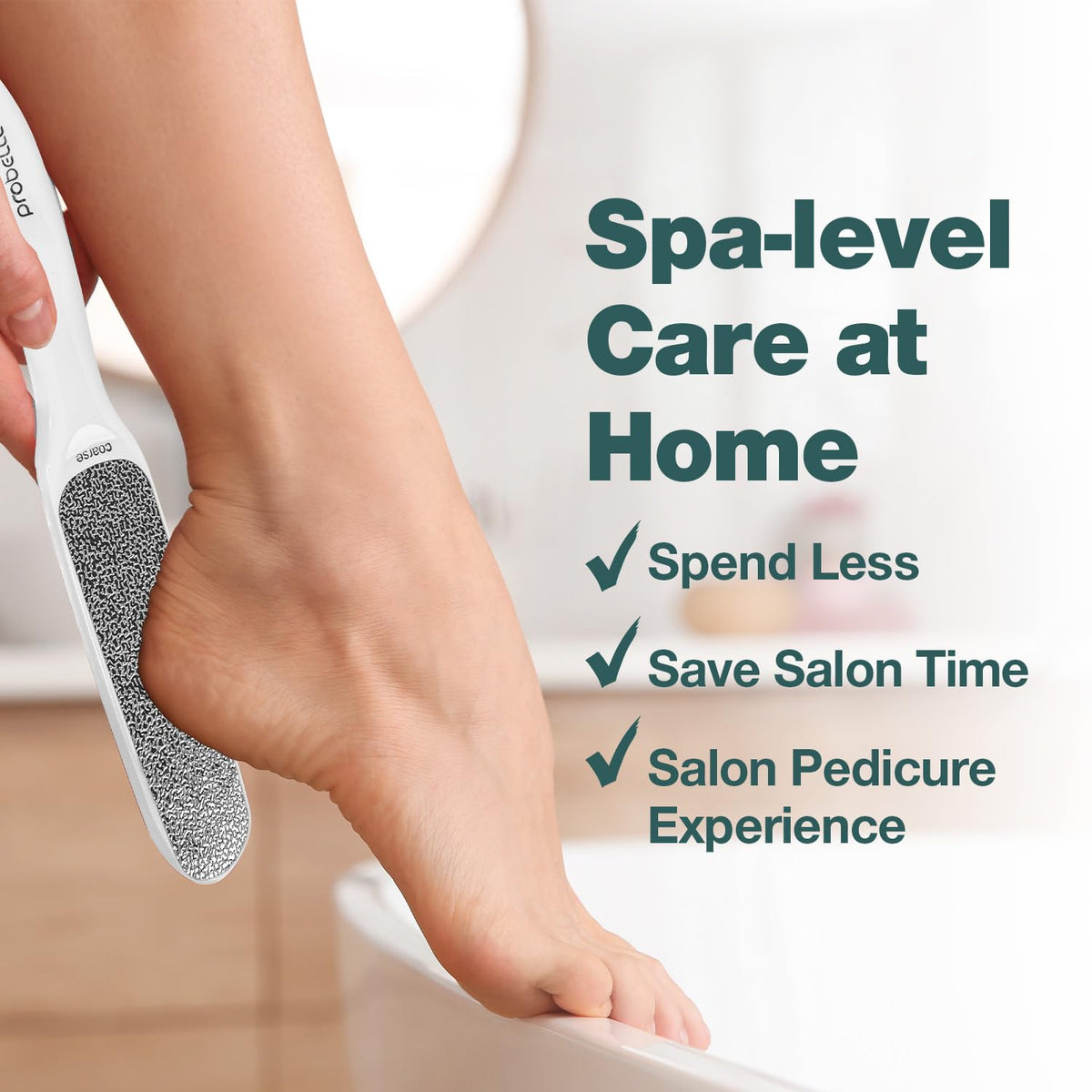 Probelle foot file displayed next to a towel and foot cream