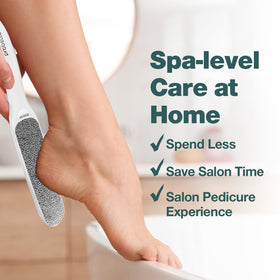 Probelle foot file displayed next to a towel and foot cream