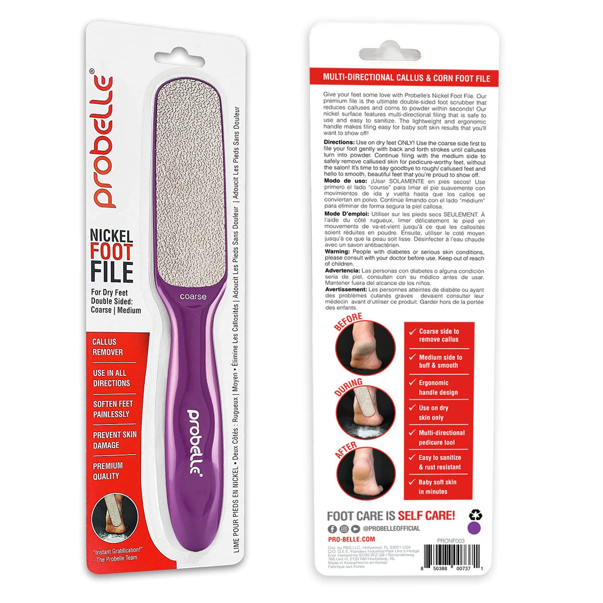 Probelle foot file in packaging showcasing product details