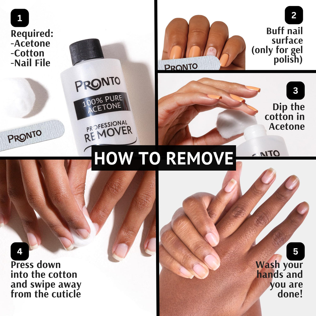 Pronto 100% Acetone Gel Nail Polish Remover bottle back view