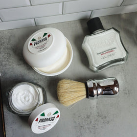 Proraso After Shave Balm Oatmeal & Green Tea on bathroom counter