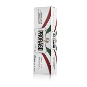 Proraso Shaving Cream Oatmeal & Green Tea tube on a bathroom counter