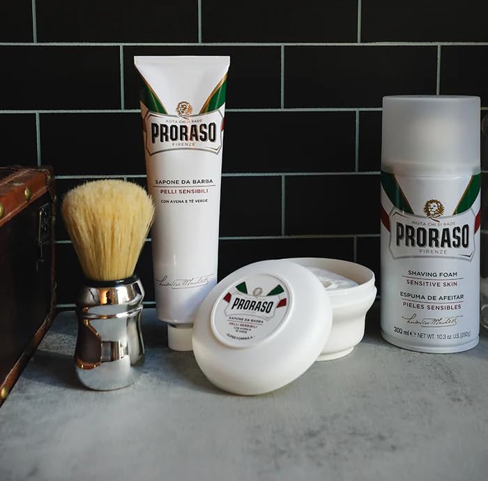 Proraso Shaving Cream Oatmeal & Green Tea tube with lather on brush