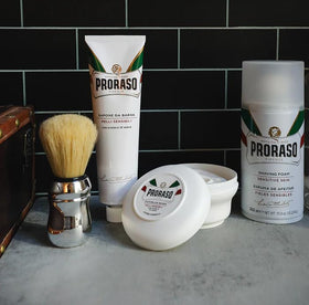 Proraso Shaving Cream Oatmeal & Green Tea tube with lather on brush