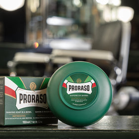 Proraso Shaving Soap Eucalyptus Oil & Menthol in bathroom setting