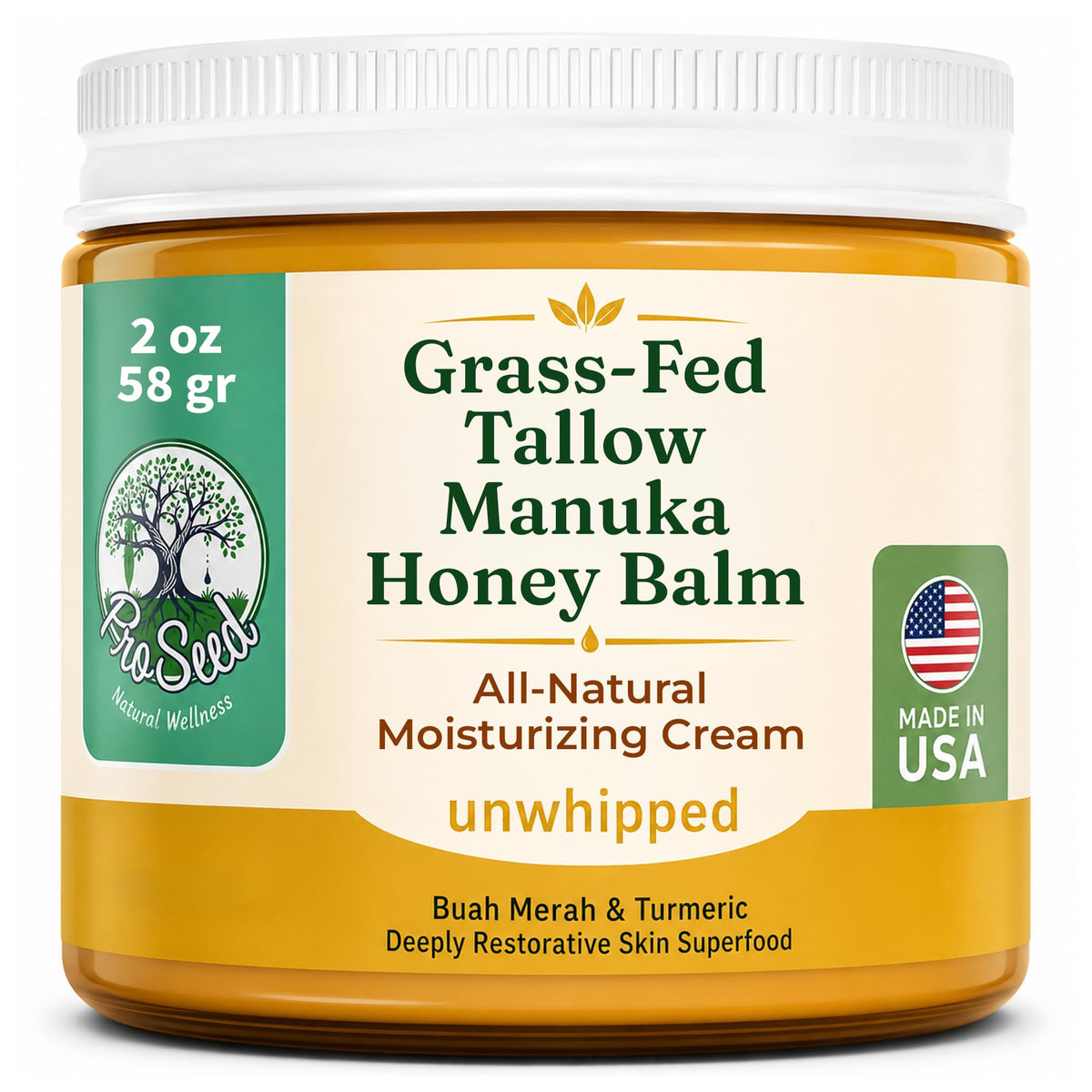 ProSeed Manuka Honey Tallow Balm 2oz glass jar front view