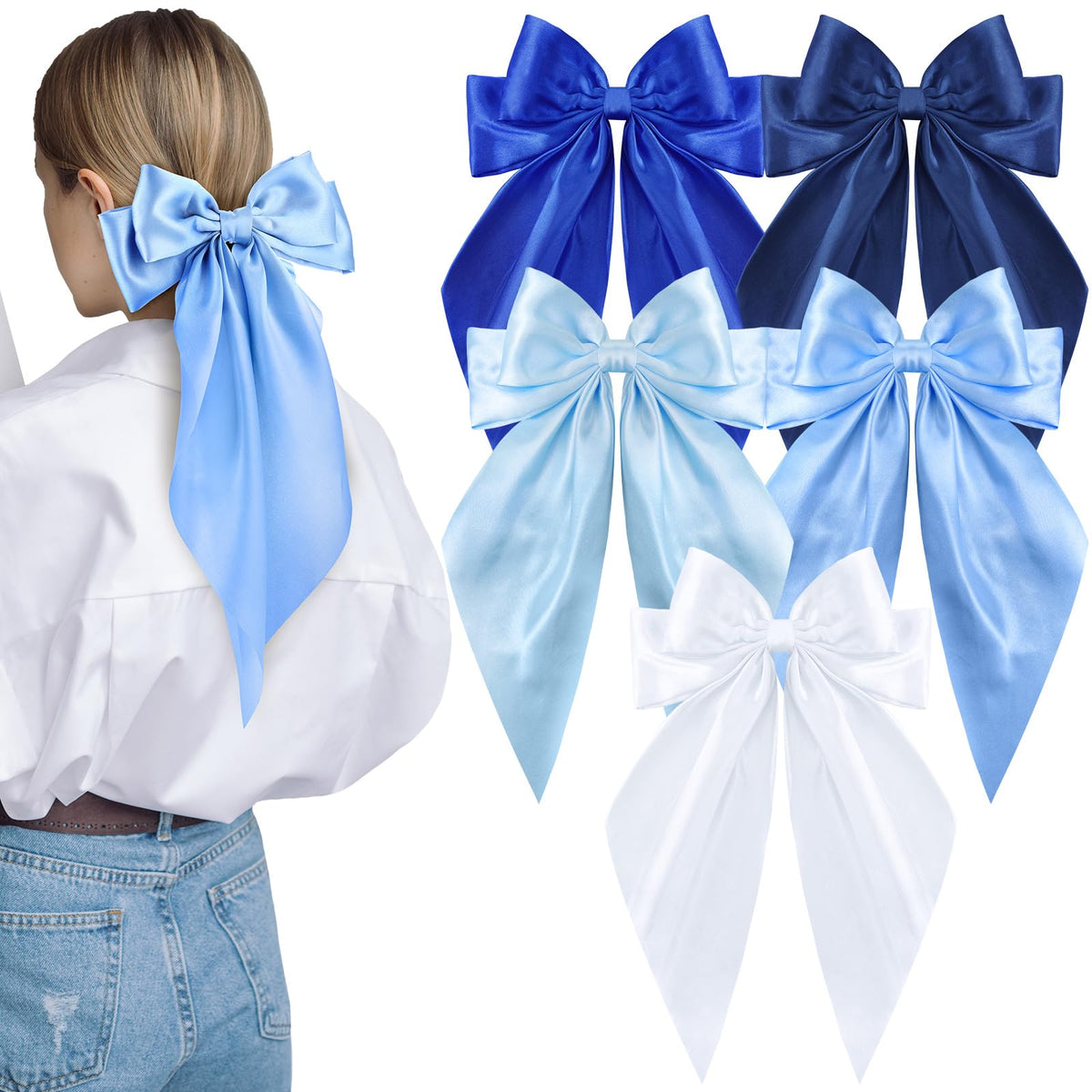 ProSuites 5 Pcs Blue Hair Bows front view with various shades