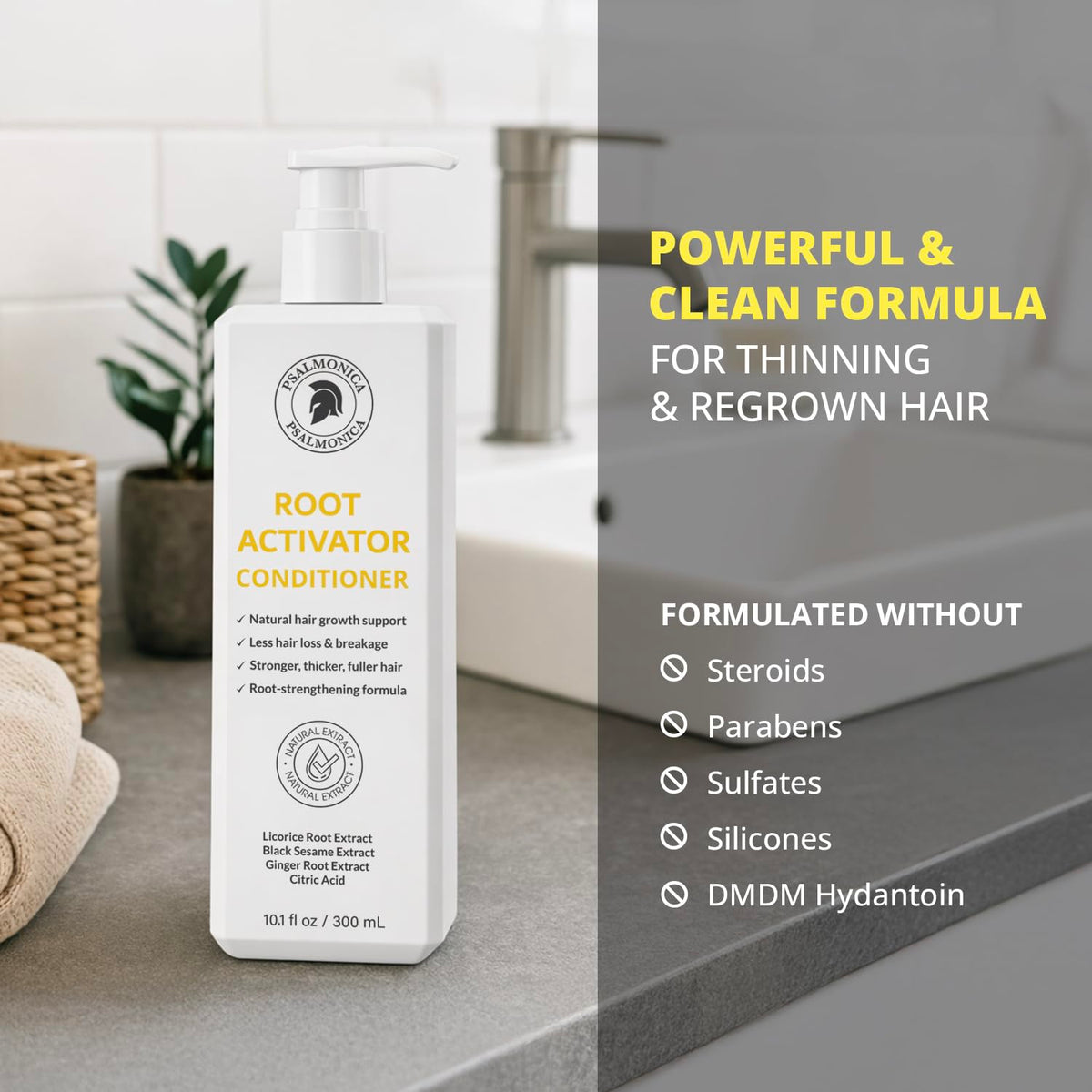 Psalmonica Root Activator Conditioner in bathroom setting
