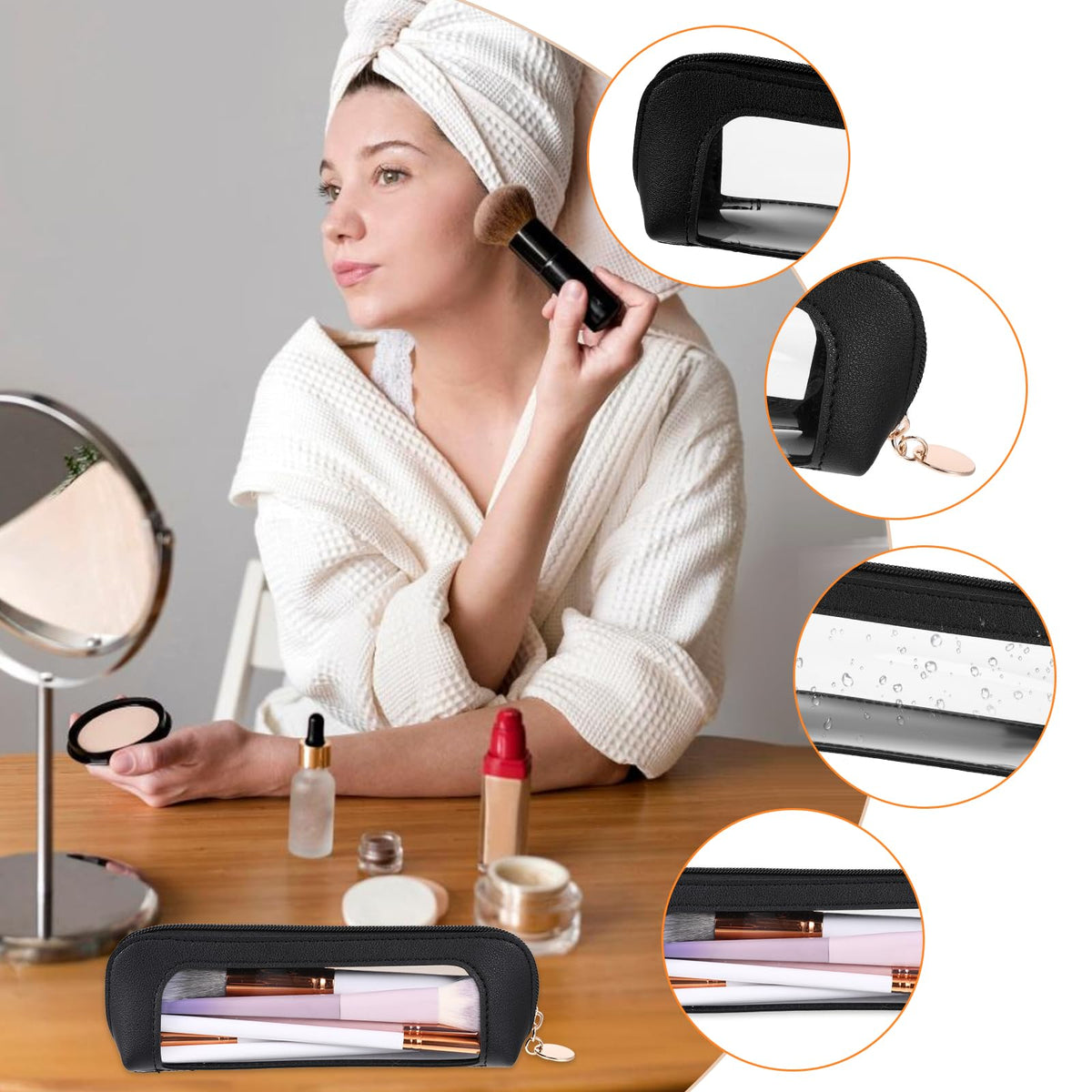 Psyqtsuary Clear Makeup Bag on a vanity table