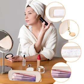 Psyqtsuary Small Clear Makeup Bag on a travel suitcase