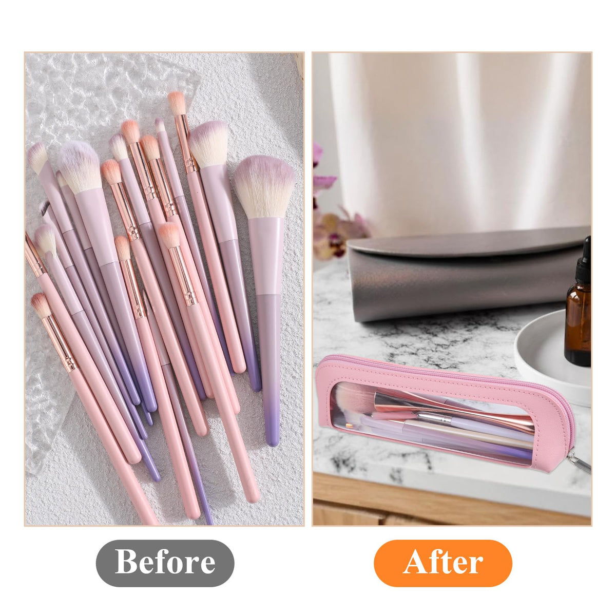 Psyqtsuary Small Clear Makeup Bag open with makeup items