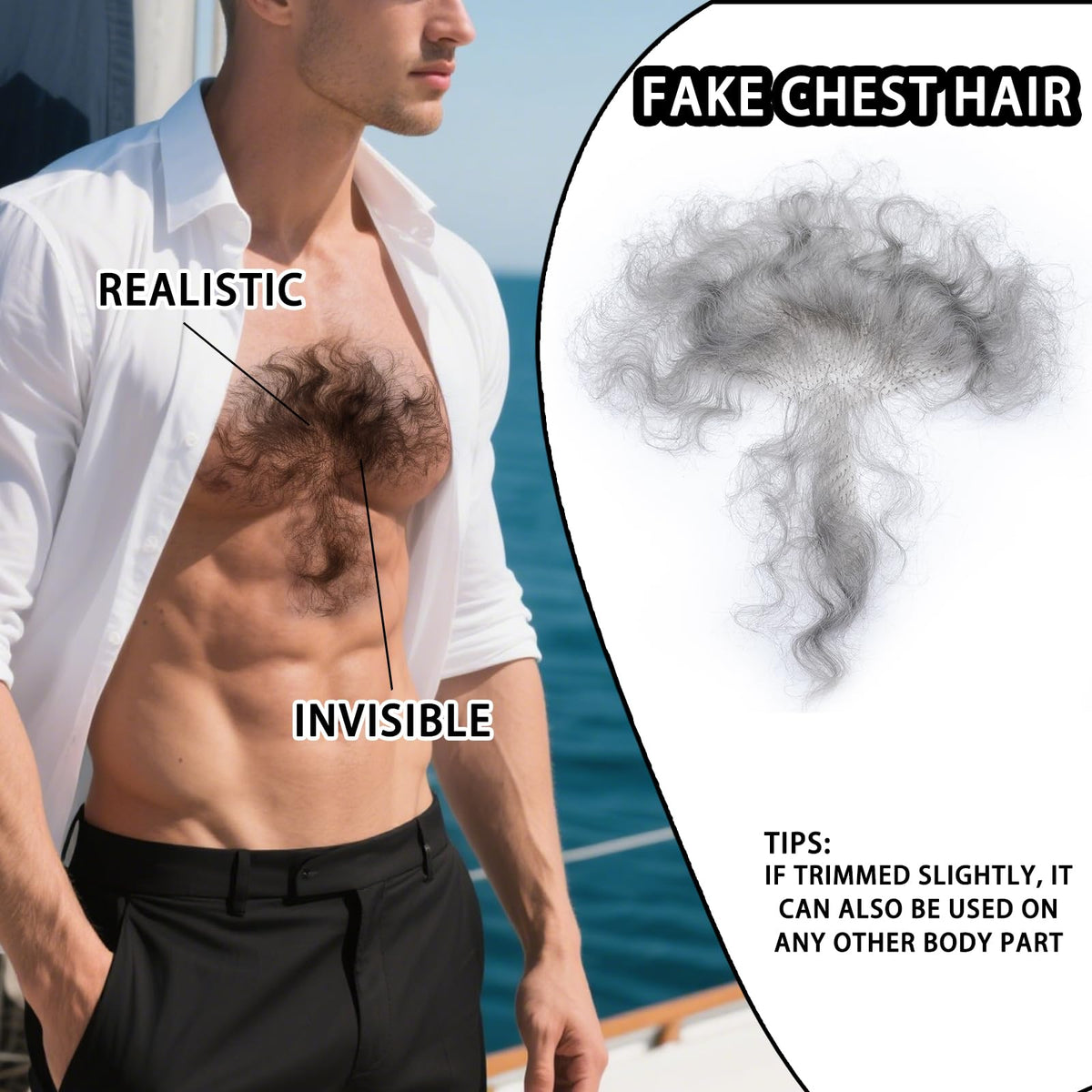 puheca Fake Chest Hair side view showcasing the handmade quality