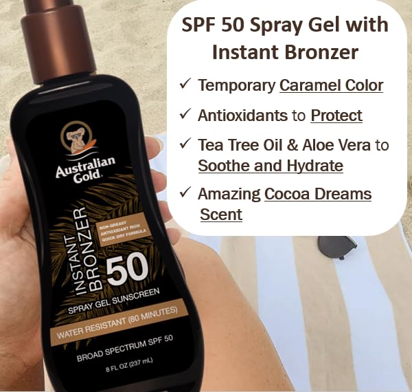 Pump bottle of Australian Gold Spray Gel Sunscreen with bronzer