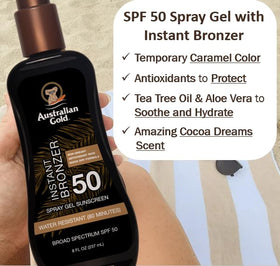 Pump bottle of Australian Gold Spray Gel Sunscreen with bronzer