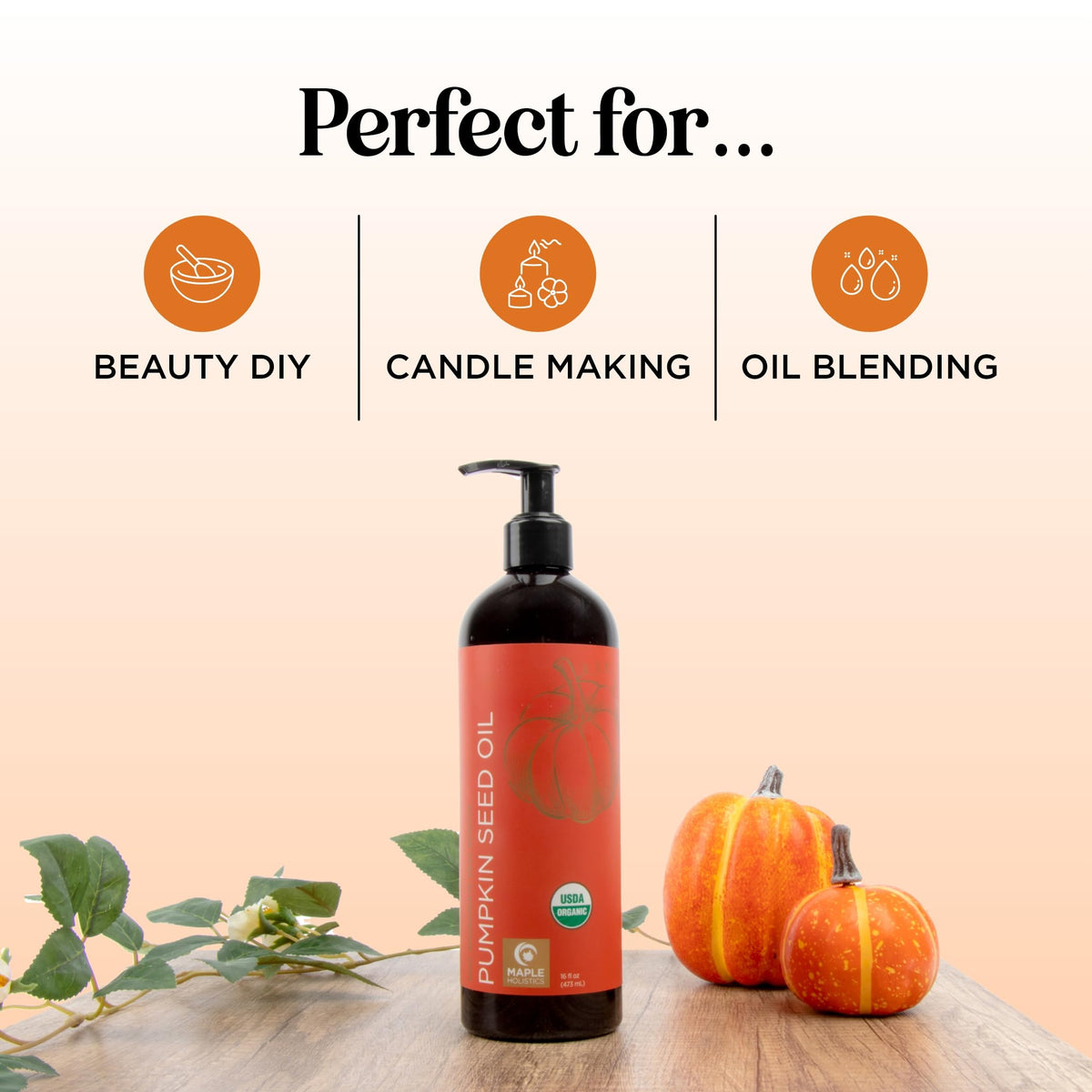 Pumpkin seeds next to Maple Holistics Organic Pumpkin Seed Oil