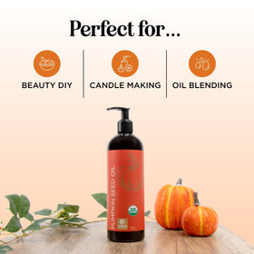 Pumpkin seeds next to Maple Holistics Organic Pumpkin Seed Oil