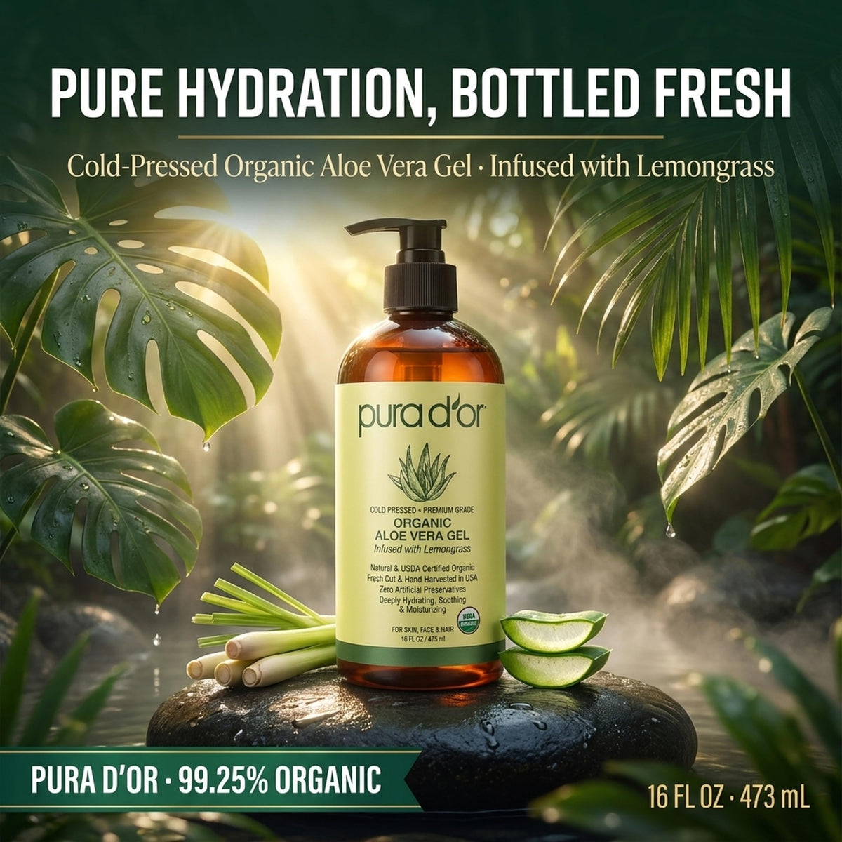 PURA D'OR Aloe Vera Gel 16oz Lemongrass back view
