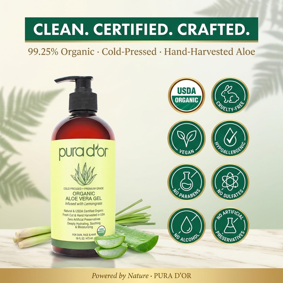 PURA D'OR Aloe Vera Gel 16oz Lemongrass in a bathroom setting