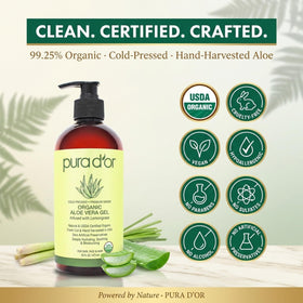 PURA D'OR Aloe Vera Gel 16oz Lemongrass in a bathroom setting