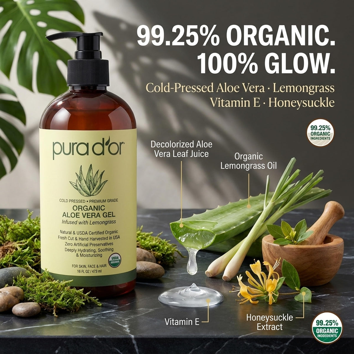 PURA D'OR Aloe Vera Gel 16oz Lemongrass packaging