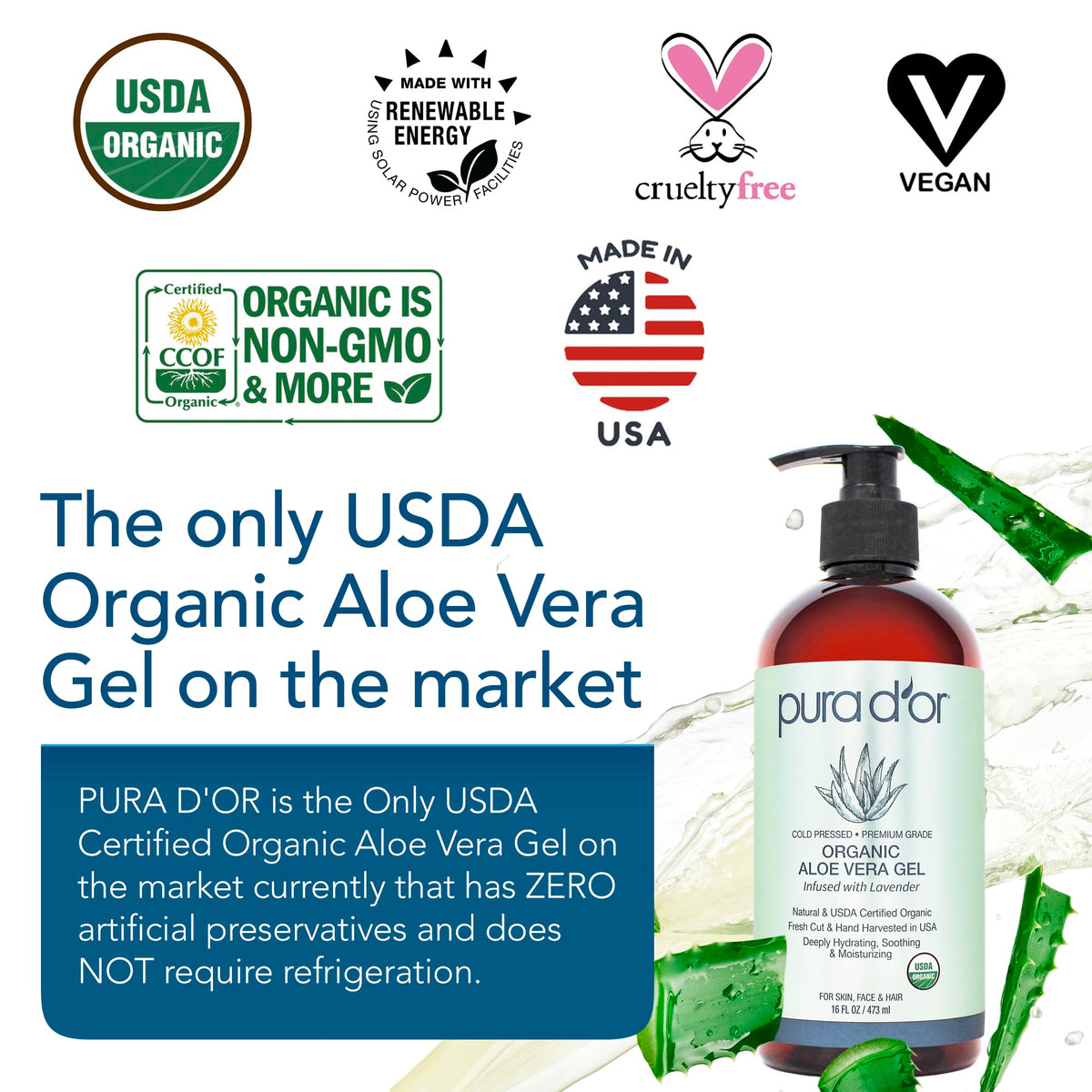 PURA D'OR Aloe Vera Gel Lavender 16 Oz back view