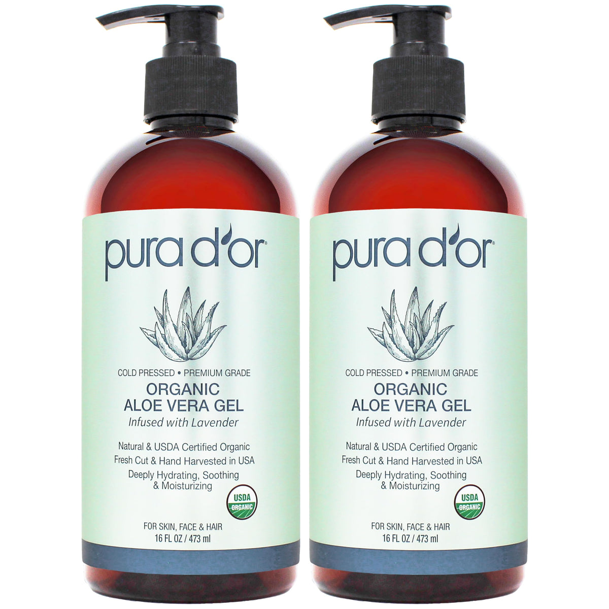 PURA D'OR Aloe Vera Gel Lavender 16 Oz front view