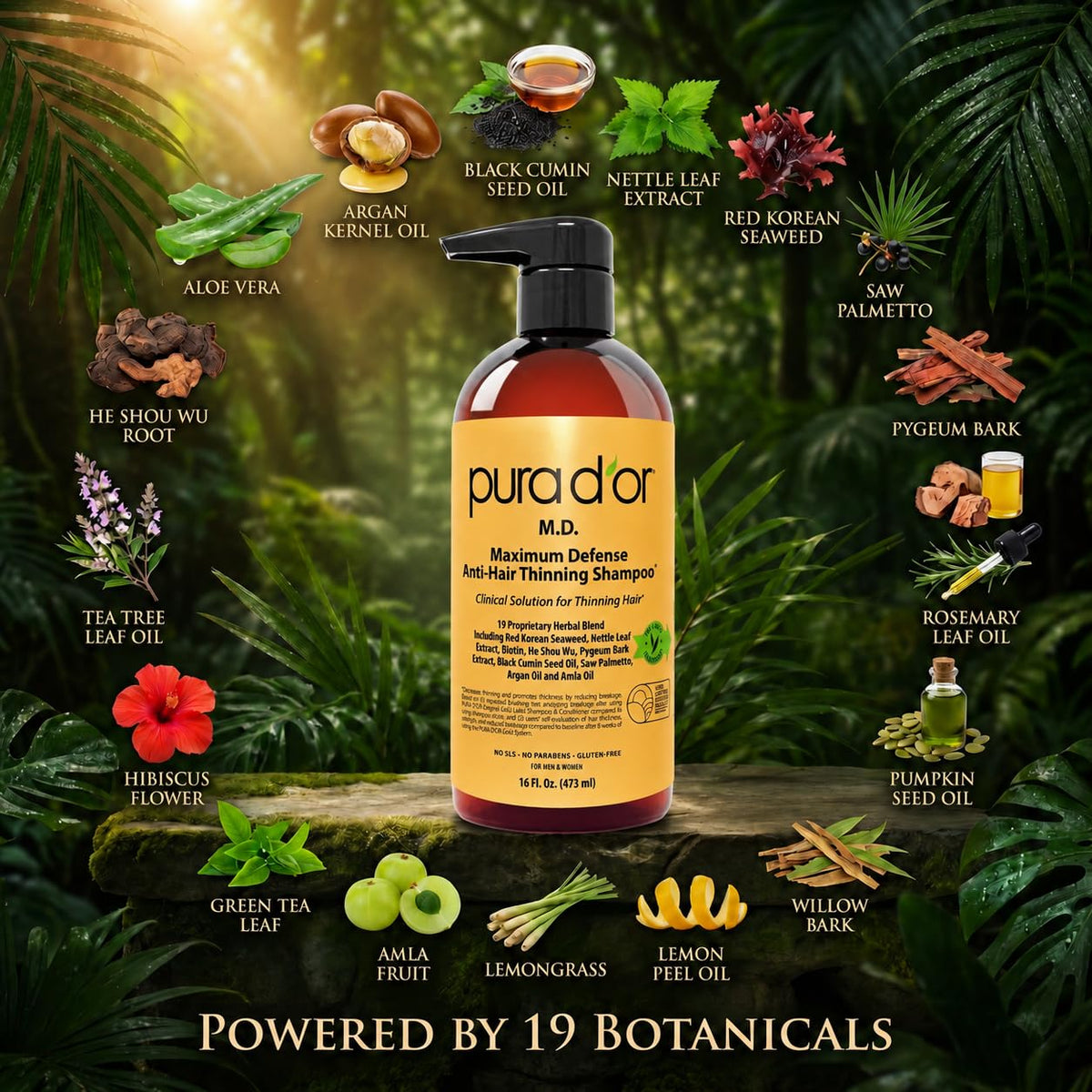 PURA D'OR Anti-Hair Thinning Shampoo 0.5% Coal Tar in bathroom setting