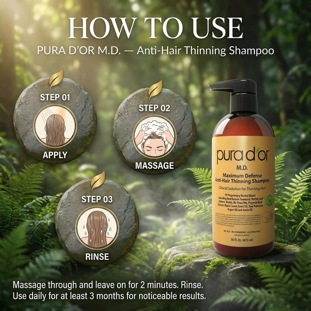 PURA D'OR Anti-Hair Thinning Shampoo 0.5% Coal Tar with water droplets