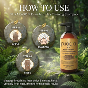 PURA D'OR Anti-Hair Thinning Shampoo 0.5% Coal Tar with water droplets