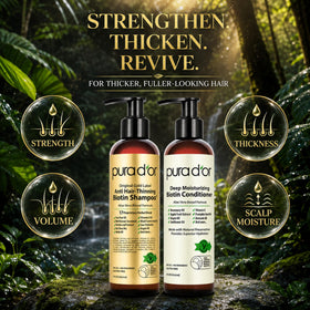 PURA D'OR Anti-Thinning Biotin Shampoo and Conditioner on a bathroom shelf