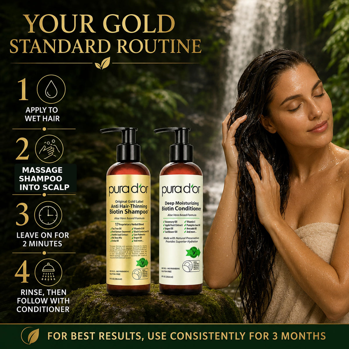 PURA D'OR Anti-Thinning Biotin Shampoo and Conditioner with ingredients background