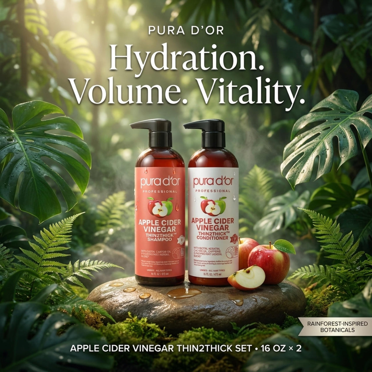 PURA D'OR Apple Cider Vinegar Shampoo and Conditioner bottles side view