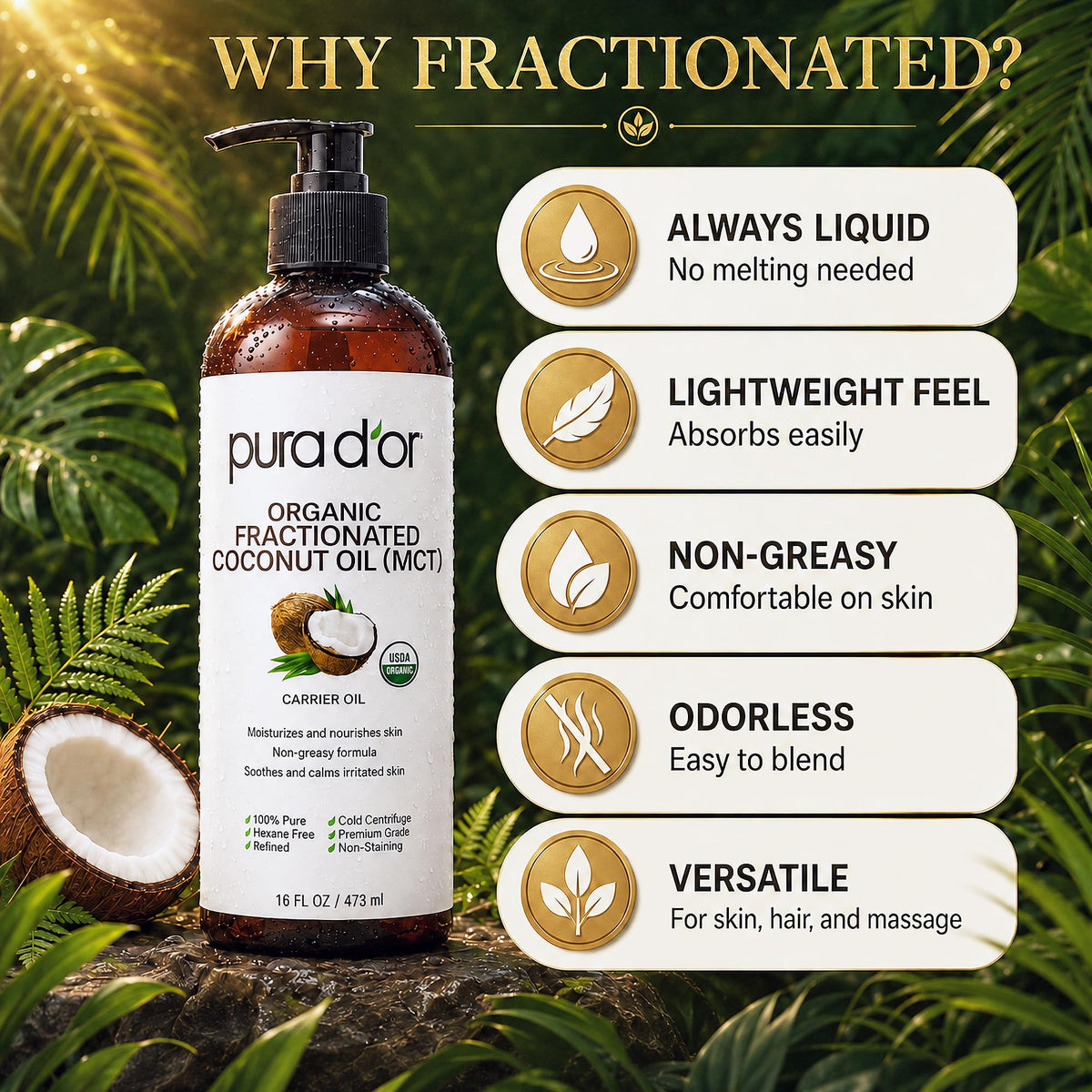 PURA D'OR Fractionated Coconut Oil 16oz application on skin
