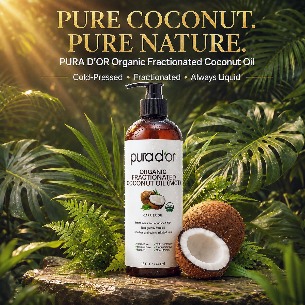 PURA D'OR Fractionated Coconut Oil 16oz bottle side view